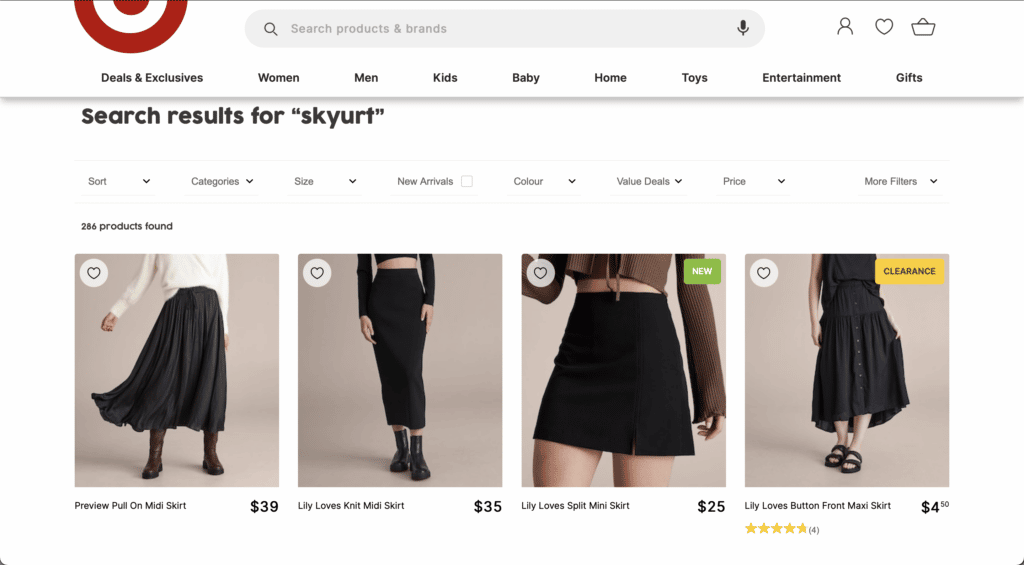 Krestor's AI fixing error in "skirts" in Target Australia's website