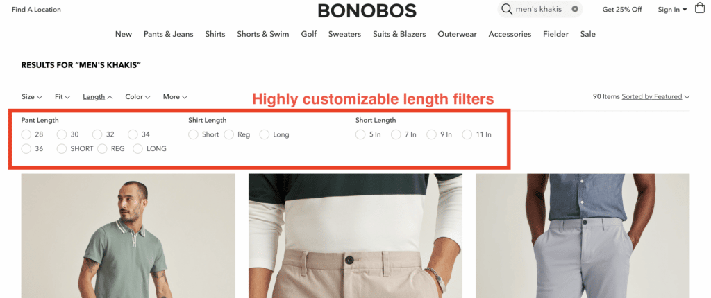 Bonobos category page with detailed product filters annotated in red