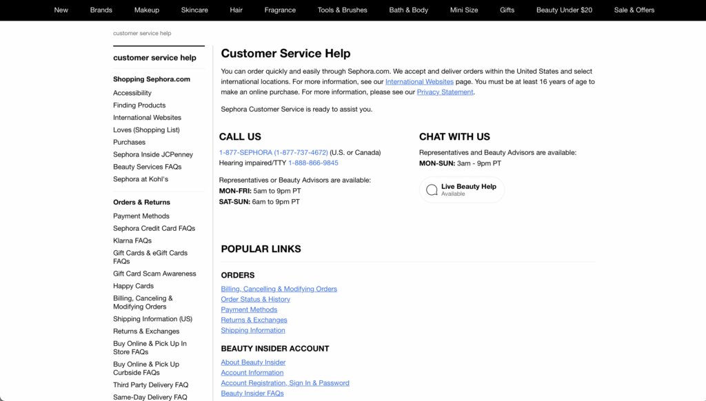 Customer service page on a black and white website