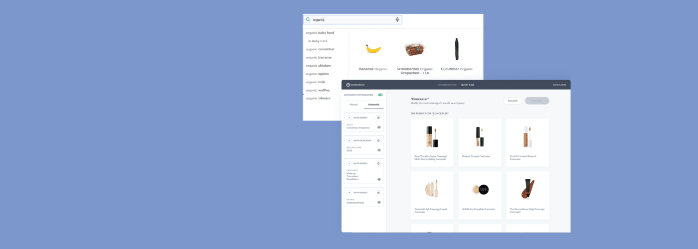 Krestor search providing visual autosuggest for users and AI-powered optimization for merchandizers.