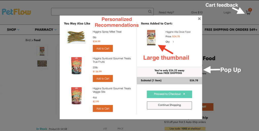 Petflow website cart with personalized recommendations, thumbnail, and other UX ecommerce best practices highlighted
