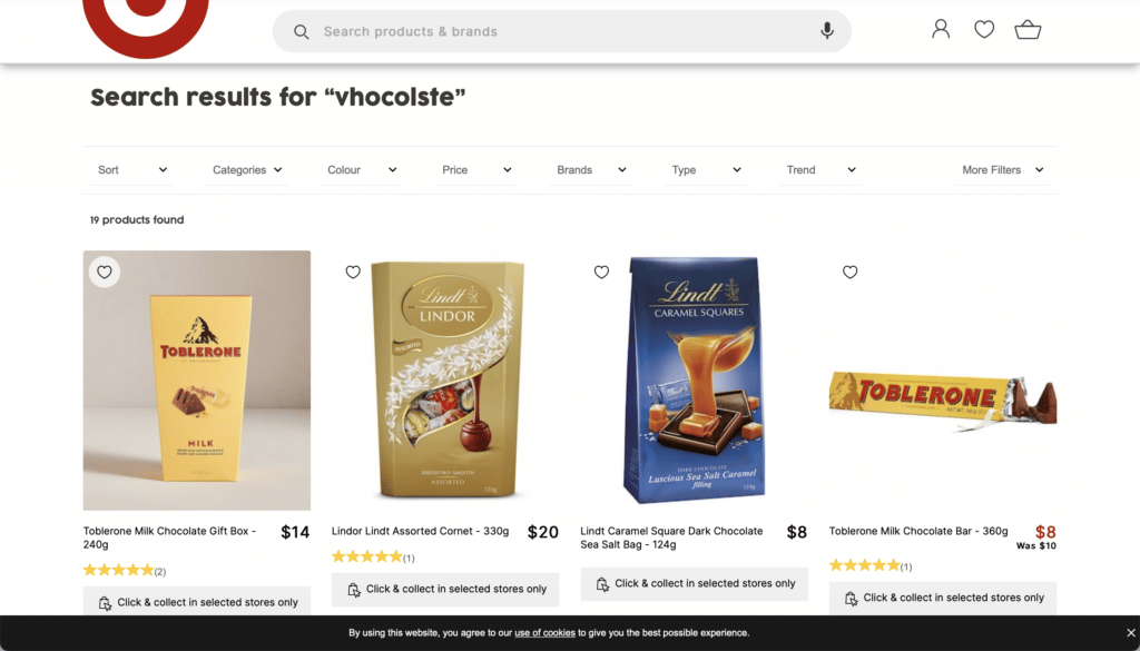 Misspelled search for chocolate on Target Australia fixed by Krestor product search and discovery platform.