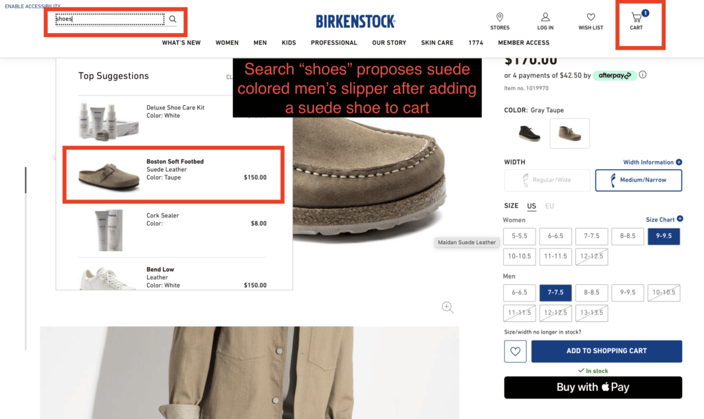 Screenshot of Birkenstock's website showing how Krestor's search algorithm shows brown suede footwear.