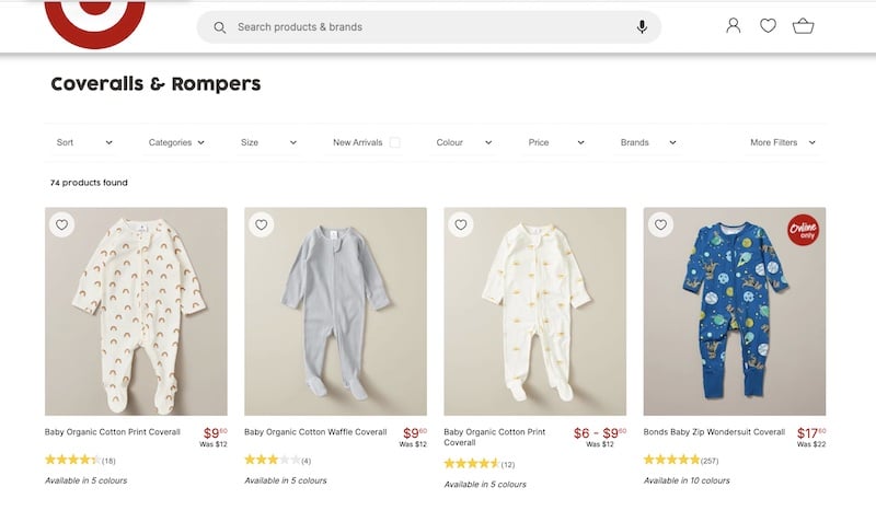 Ecommerce merchandising example from Target Australia