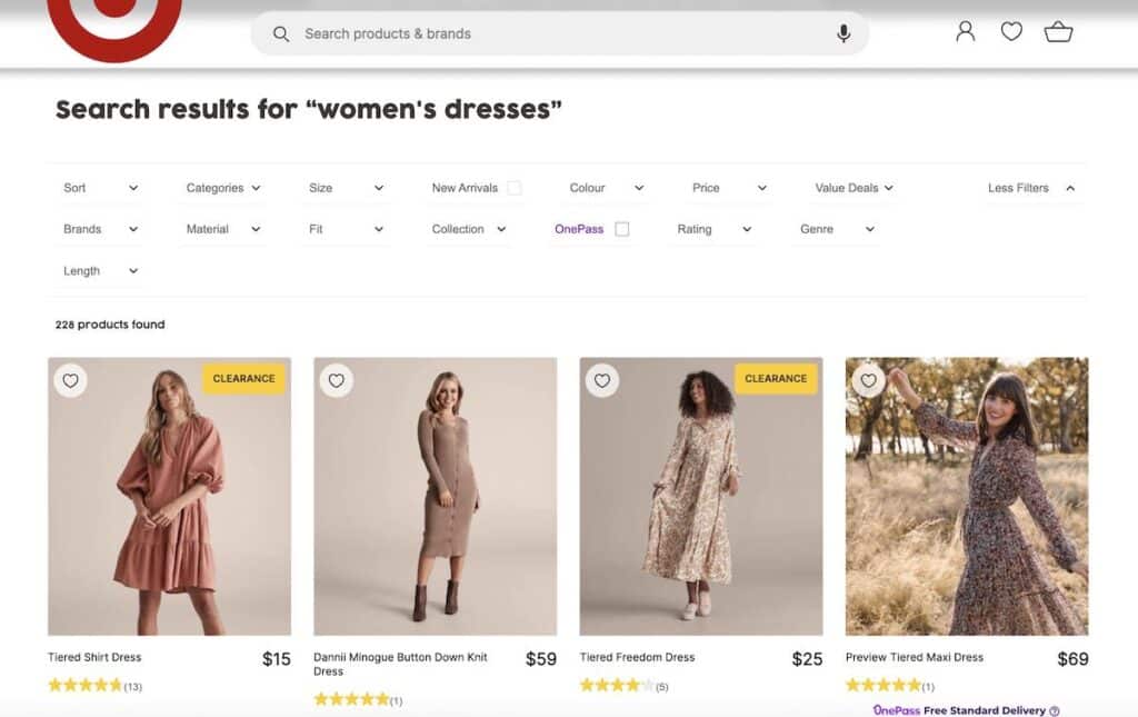 faceted search results for "women's dresses" on Target Australia