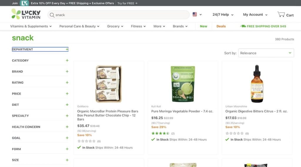 ecommerce faceted search on luckyvitamin