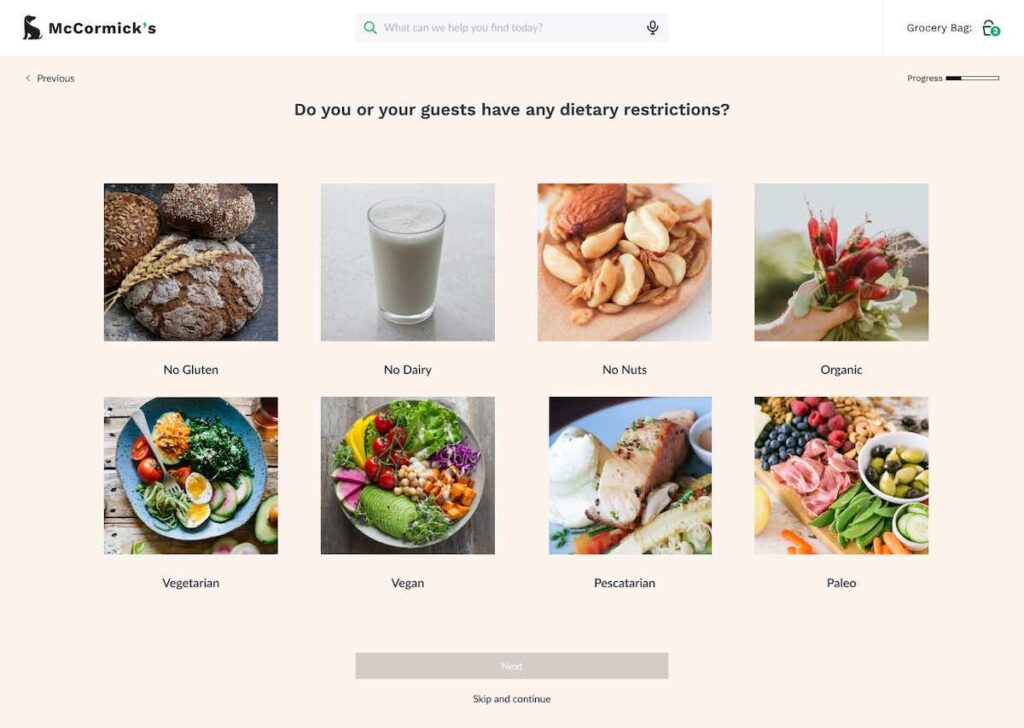 A meal planner product quiz allowing customers to select dietary preferences