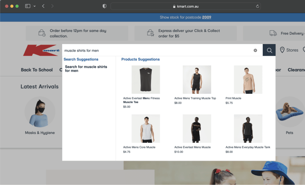 Kmart Australia's website providing visual autocomplete using Krestor's search and discovery platform.